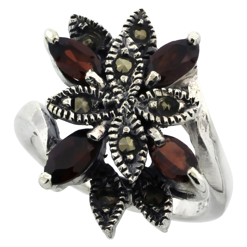 STERLING SILVER MARCASITE FLOWER RING, W/ NATURAL GARNET, 3/4" (20 MM) WIDE
