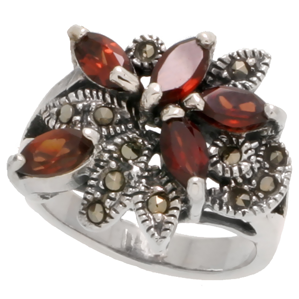 STERLING SILVER MARCASITE FLORAL RING, W/ NATURAL GARNET, 11/16" (17 MM) WIDE