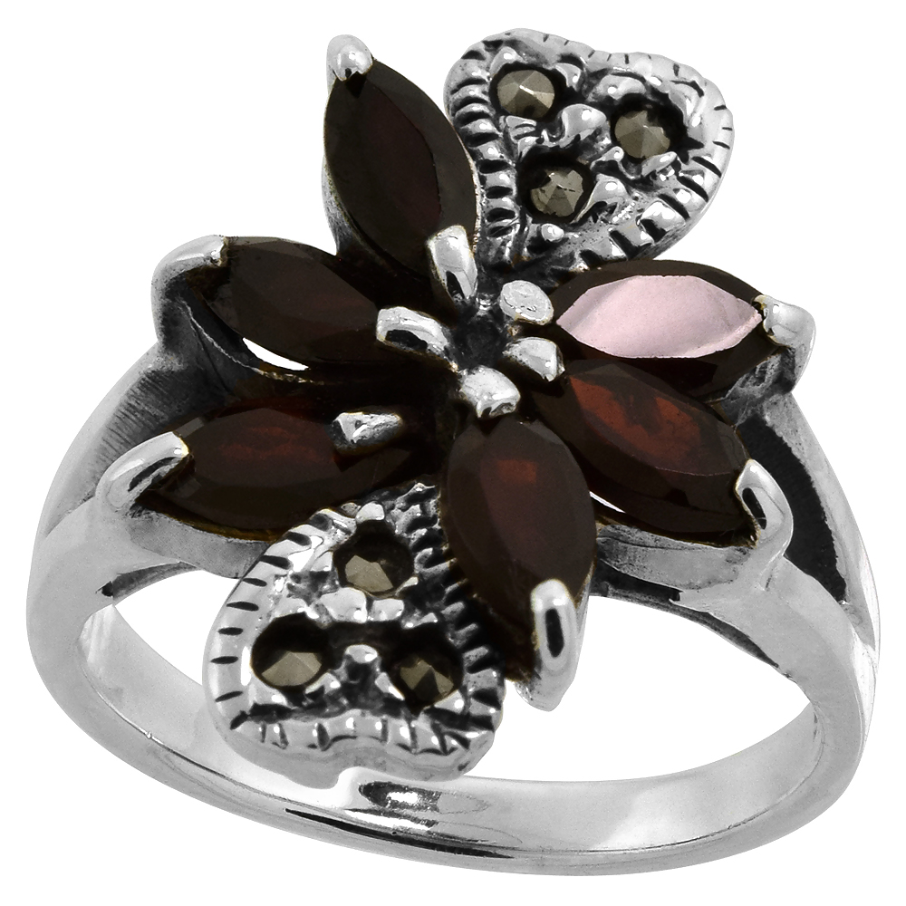 STERLING SILVER MARCASITE DOUBLE HEART RING, W/ NATURAL GARNET, 5/8" (16 MM) WIDE