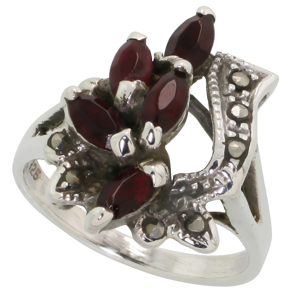 STERLING SILVER MARCASITE FREEFORM RING, W/ MARQUISE CUT AMETHYST CZ, 3/4" (20 MM) WIDE