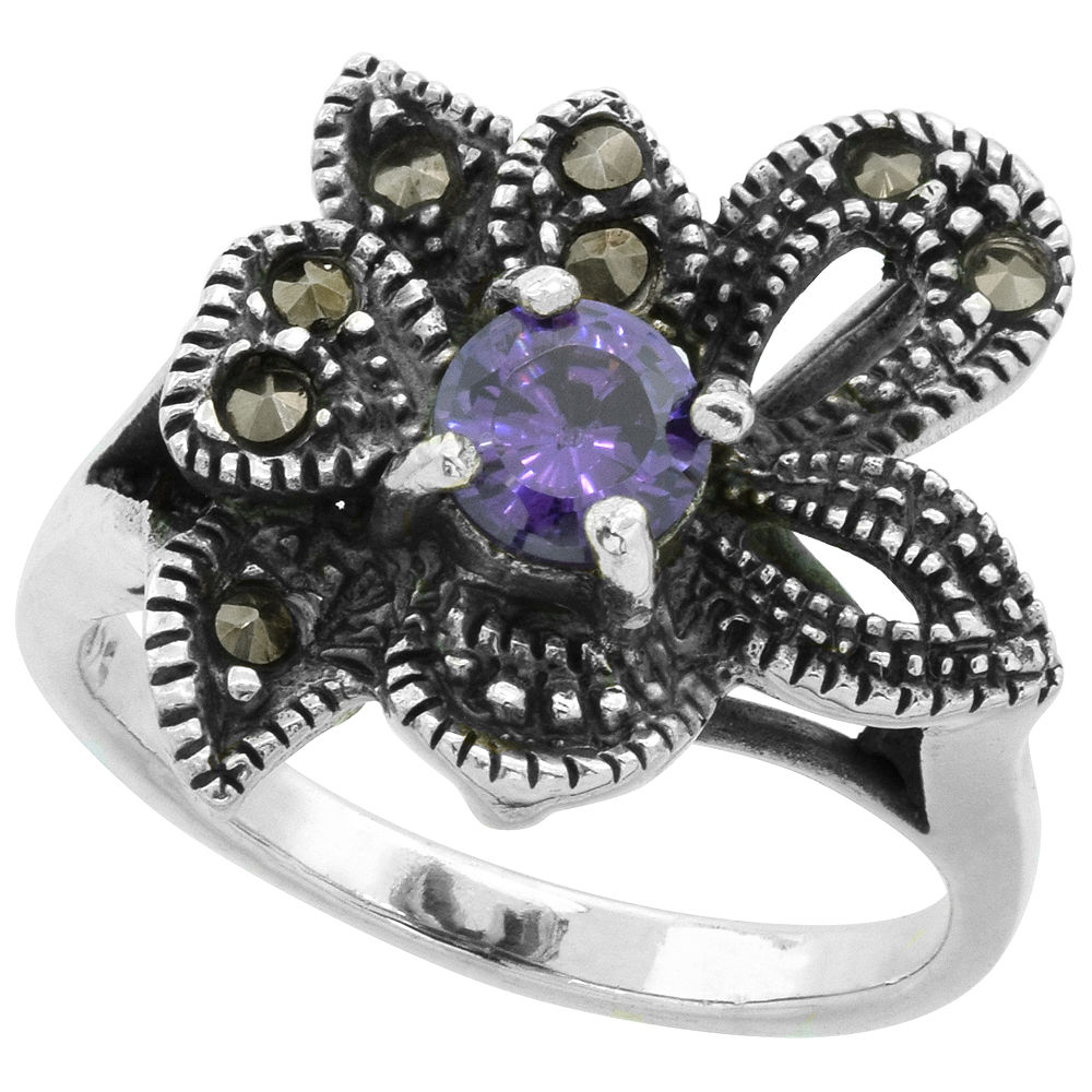 STERLING SILVER MARCASITE FLOWER RING, W/ BRILLIANT CUT AMETHYST CZ, 3/4" (19 MM) WIDE
