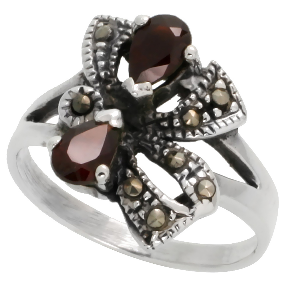 STERLING SILVER MARCASITE FREEFORM RING, W/ PEAR CUT NATURAL GARNET, 5/8" (16 MM) WIDE