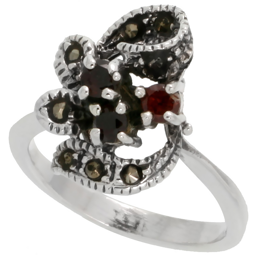 STERLING SILVER MARCASITE FREEFORM RING, W/ BRILLIANT CUT NATURAL GARNET, 11/16" (17 MM) WIDE