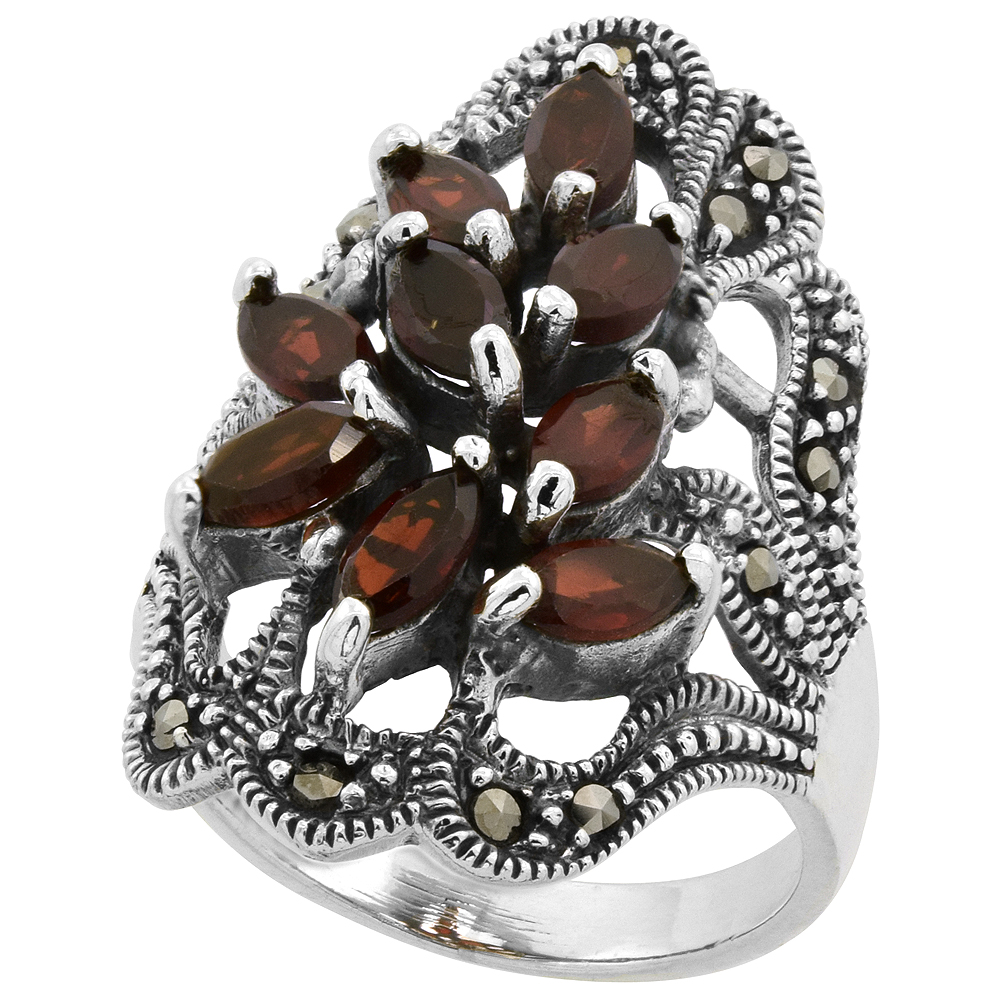 STERLING SILVER MARCASITE FREEFORM RING, W/ NATURAL GARNET, 1 3/16" (30 MM) WIDE