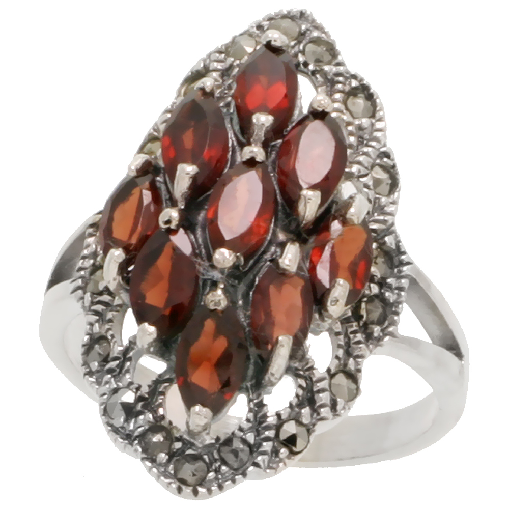 STERLING SILVER MARCASITE OVAL-SHAPED RING, W/ NATURAL GARNET, 1 3/16" (30 MM) WIDE