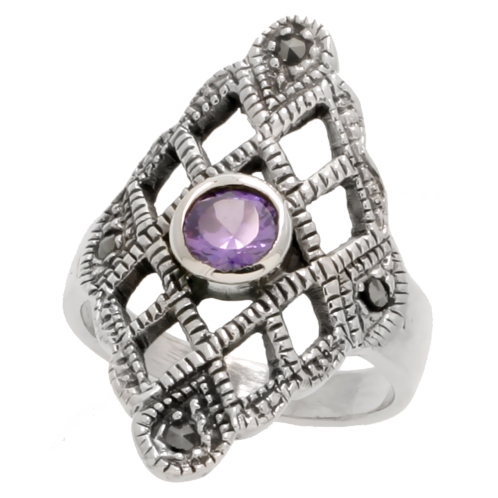 STERLING SILVER MARCASITE DIAMOND-SHAPED RING, W/ BRILLIANT CUT AMETHYST CZ, 1 3/16" (30 MM) WIDE
