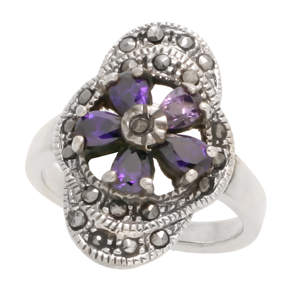 STERLING SILVER MARCASITE FLOWER RING, W/ PEAR CUT AMETHYST CZ, 7/8" (23 MM) WIDE