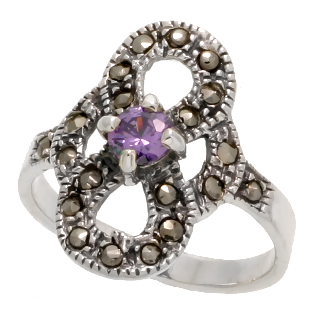 STERLING SILVER MARCASITE DOUBLE LOOP RING, W/ BRILLIANT CUT AMETHYST CZ, 13/16" (21 MM) WIDE