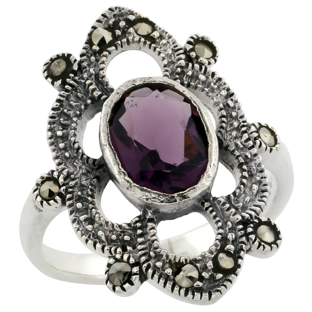 STERLING SILVER MARCASITE FLORAL RING, W/ OVAL CUT AMETHYST CZ, 1" (25 MM) WIDE