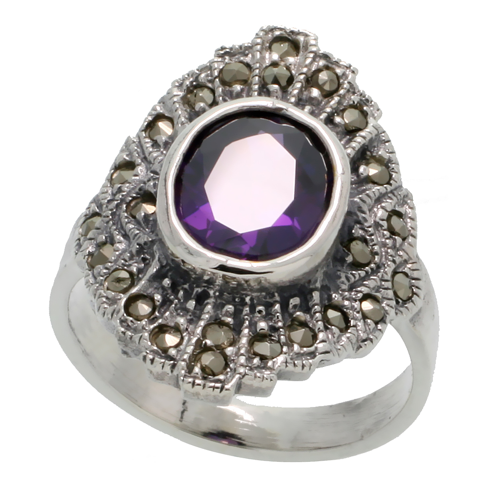 STERLING SILVER MARCASITE RING, W/ OVAL CUT AMETHYST CZ, 13/16" (21 MM) WIDE