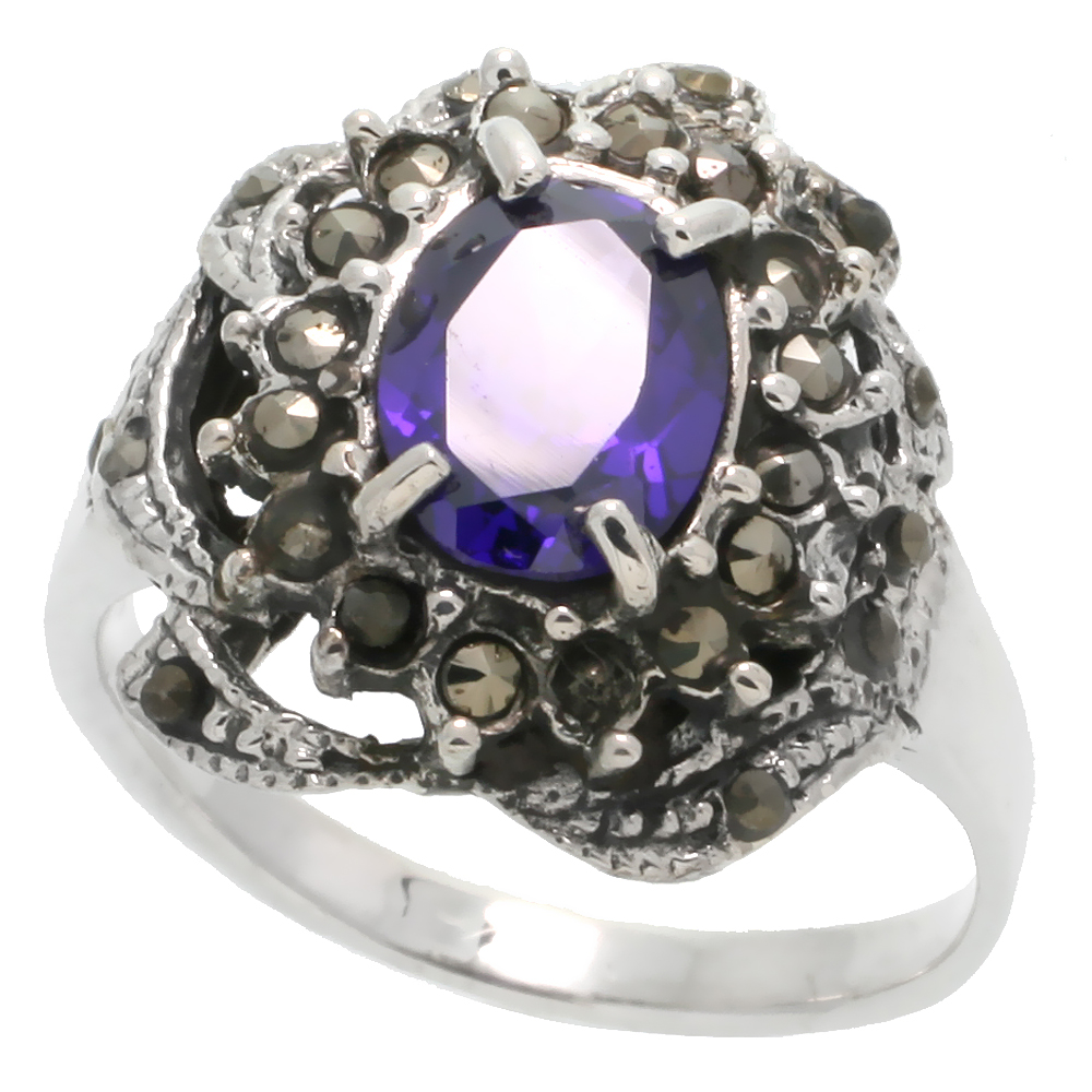 STERLING SILVER MARCASITE FANCY RING, W/ OVAL CUT AMETHYST CZ, 3/4" (19 MM) WIDE