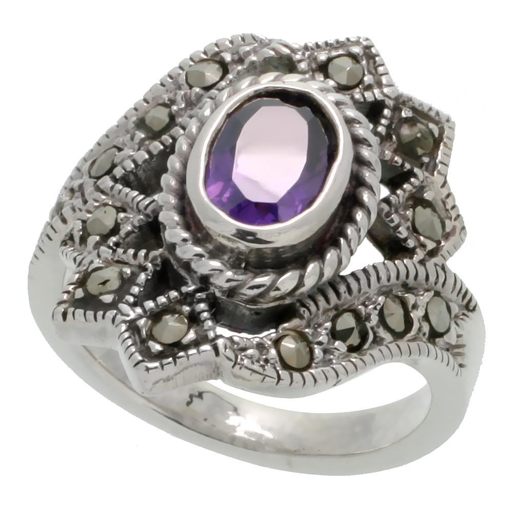 STERLING SILVER MARCASITE RING, W/ OVAL CUT AMETHYST CZ, 3/4" (19 MM) WIDE