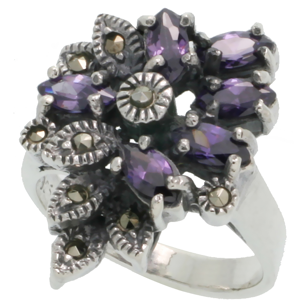 STERLING SILVER MARCASITE FLOWER RING, W/ MARQUISE CUT AMETHYST CZ, 7/8" (22 MM) WIDE