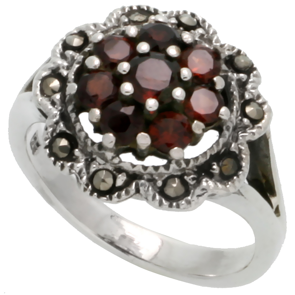 STERLING SILVER MARCASITE FLOWER RING, W/ BRILLIANT CUT NATURAL GARNET, 3/4" (20 MM) WIDE