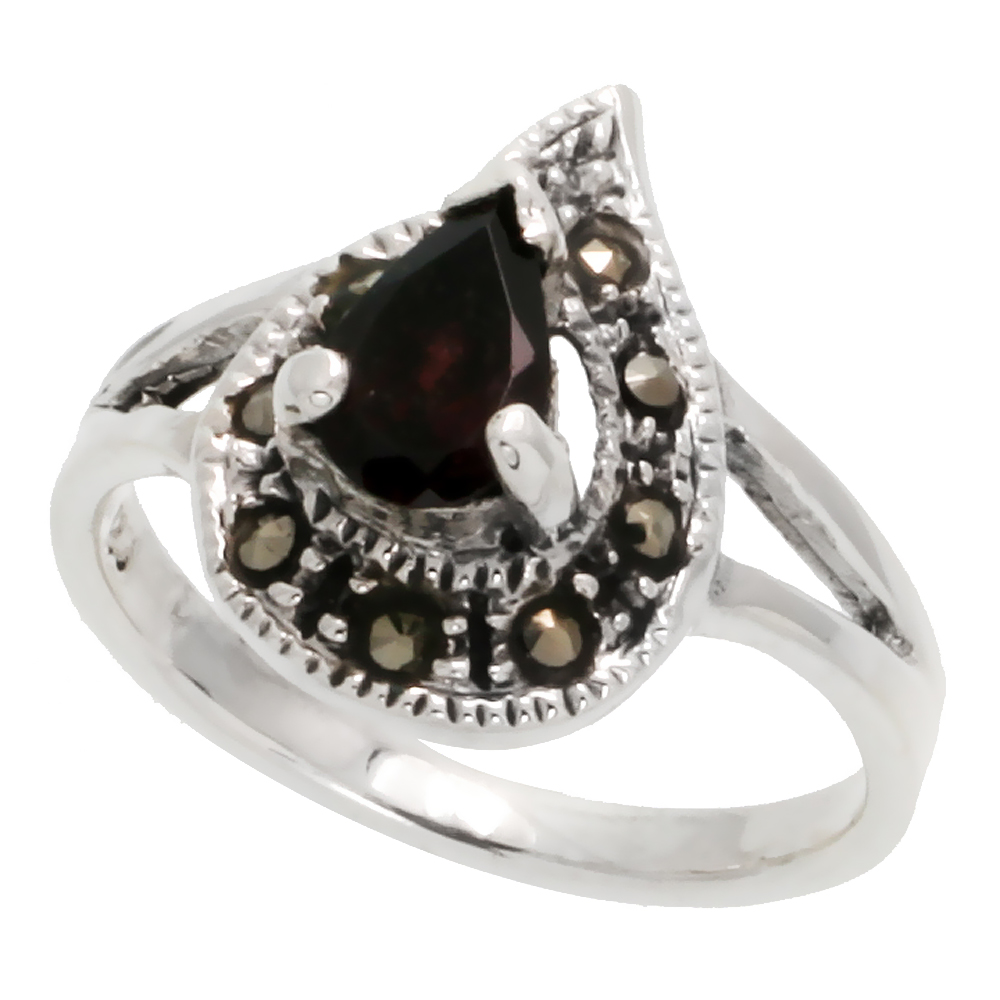 STERLING SILVER MARCASITE PEAR-SHAPED RING, W/ PEAR CUT NATURAL GARNET, 3/4" (19 MM) WIDE