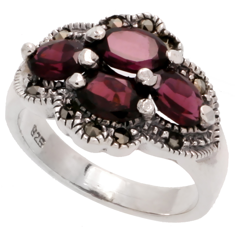 STERLING SILVER MARCASITE FANCY RING, W/ OVAL CUT NATURAL GARNET, 1/2" (12 MM) WIDE