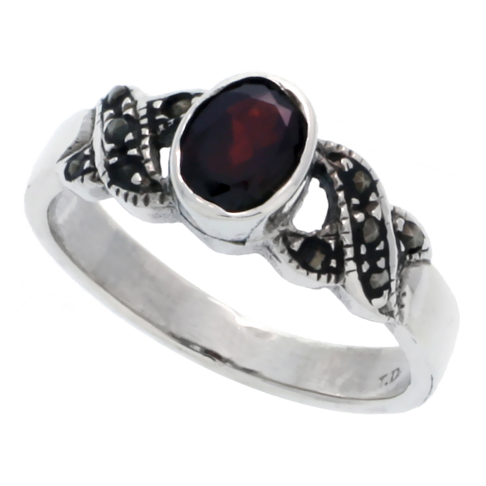 STERLING SILVER MARCASITE CRISSCROSS RING, W/ OVAL CUT NATURAL GARNET, 1/4" (7 MM) WIDE