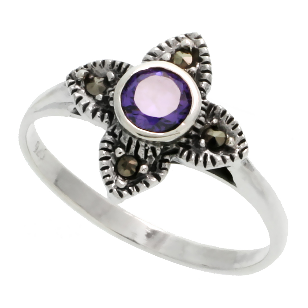 STERLING SILVER MARCASITE CLOVER RING, W/ BRILLIANT CUT AMETHYST CZ, 1/2" (13 MM) WIDE