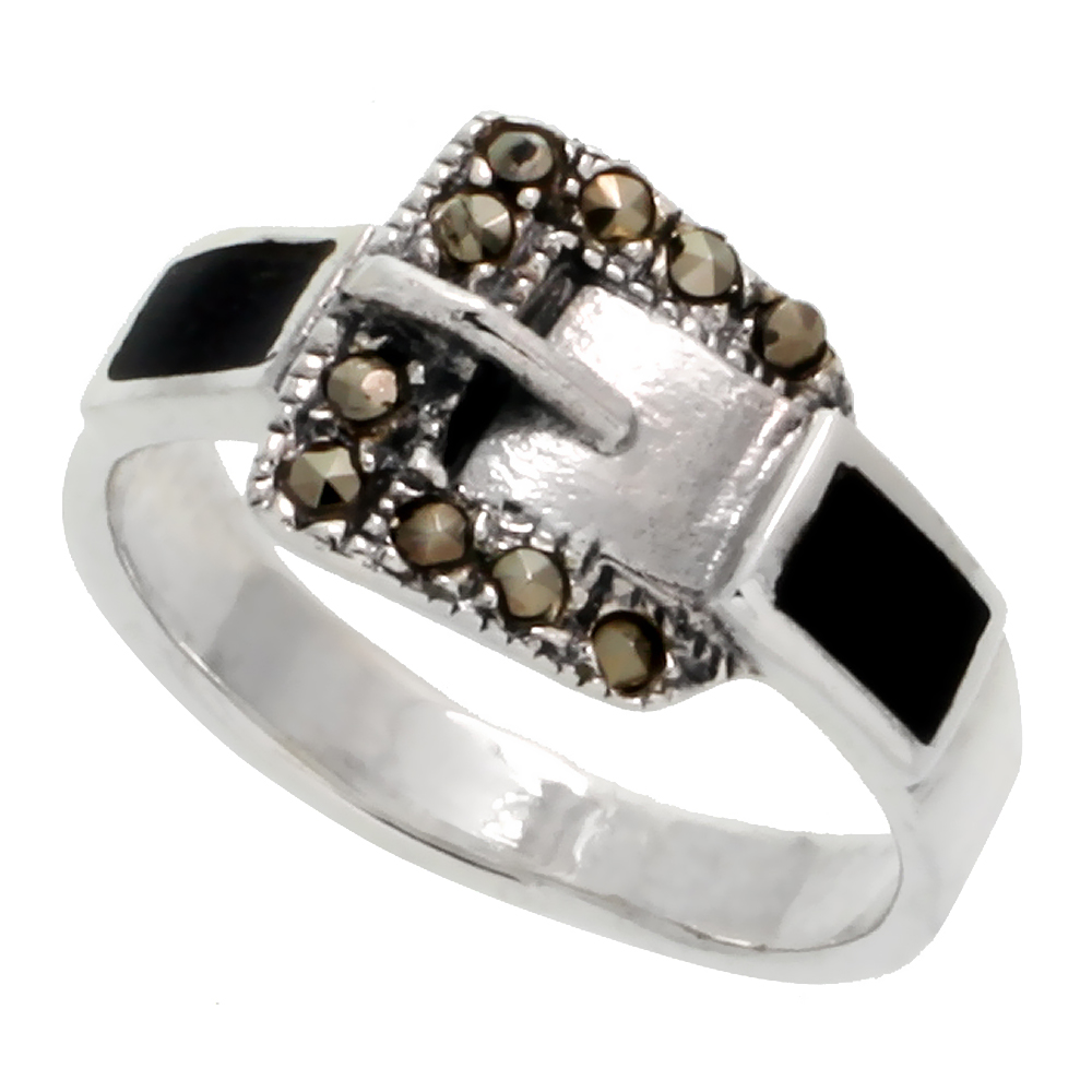 STERLING SILVER MARCASITE BELT BUCKLE JET STONE RING, 3/8" (9 MM) WIDE