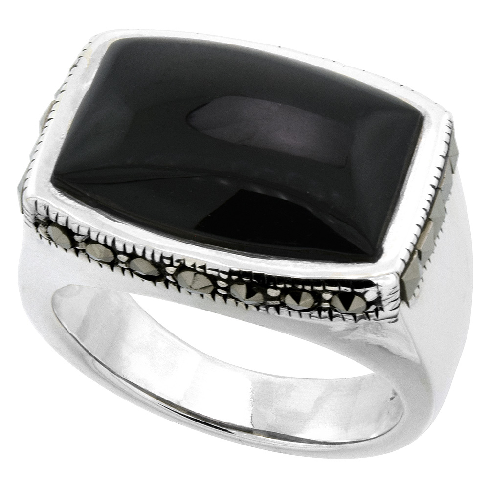 STERLING SILVER BLACK MOTHER OF PEARL RING RECTANGULAR MARCASITE ACCENT, SIZE 5 TO 9