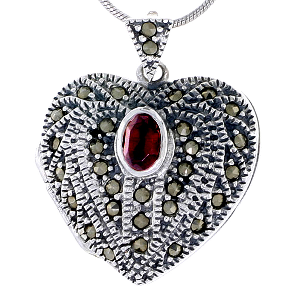 STERLING SILVER HEART LOCKET MARCASITE NATURAL GARNET