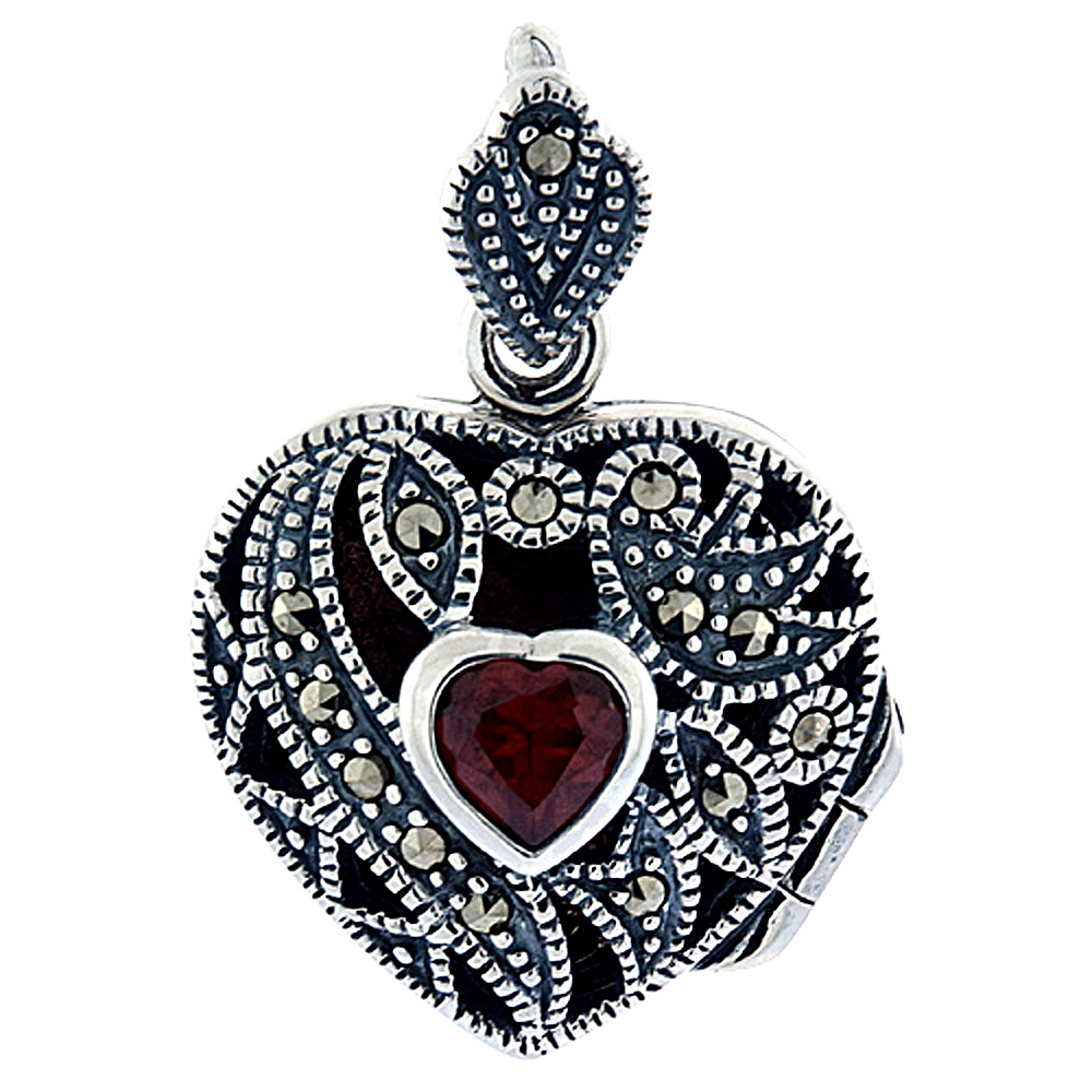 STERLING SILVER LOCKET NECKLACE HEART MARCASITE NATURAL GARNET