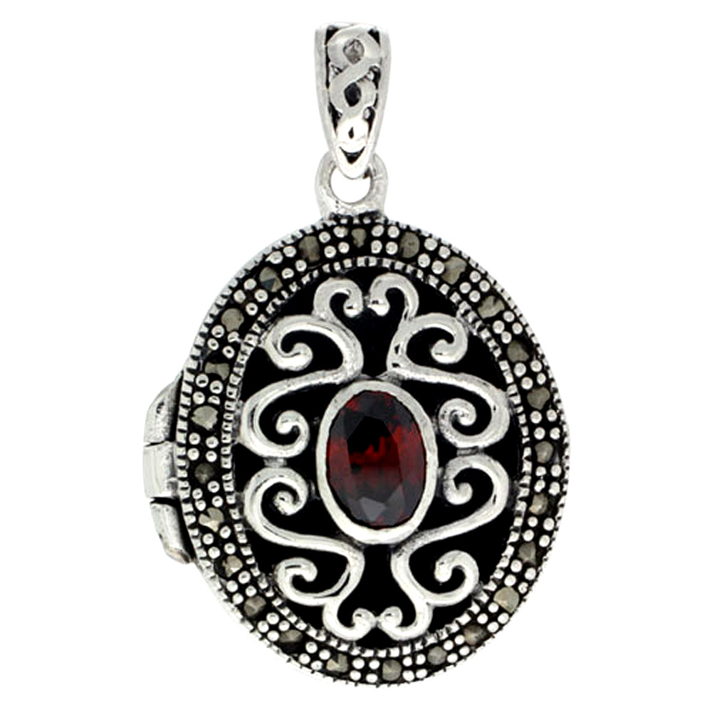 STERLING SILVER NATURAL GARNET OVAL LOCKET MARCASITE FILIGREE