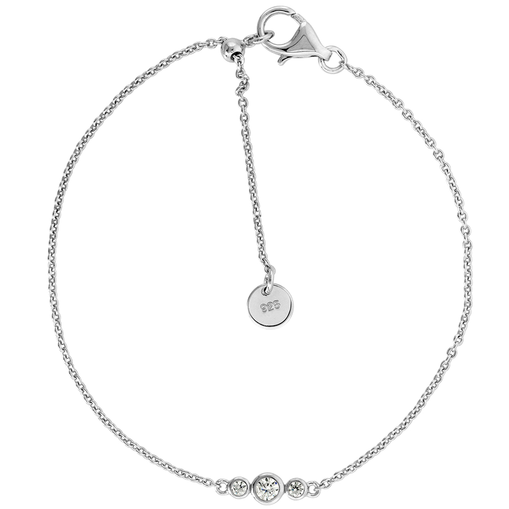 Cute Little Sterling Silver Adjustable CZ Bracelet 3 Stones Bezel Set Rhodium Sliding Bead Clasp, 7- 8 inch