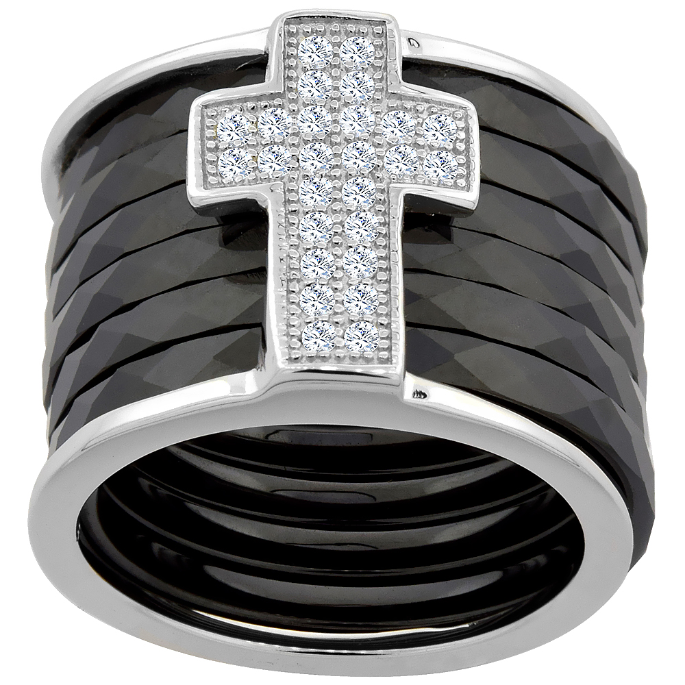 6pc Sterling Silver Cubic Zirconia Cross Ring &amp; Faceted Black Ceramic, 9/16 inch wide, sizes 6 - 8