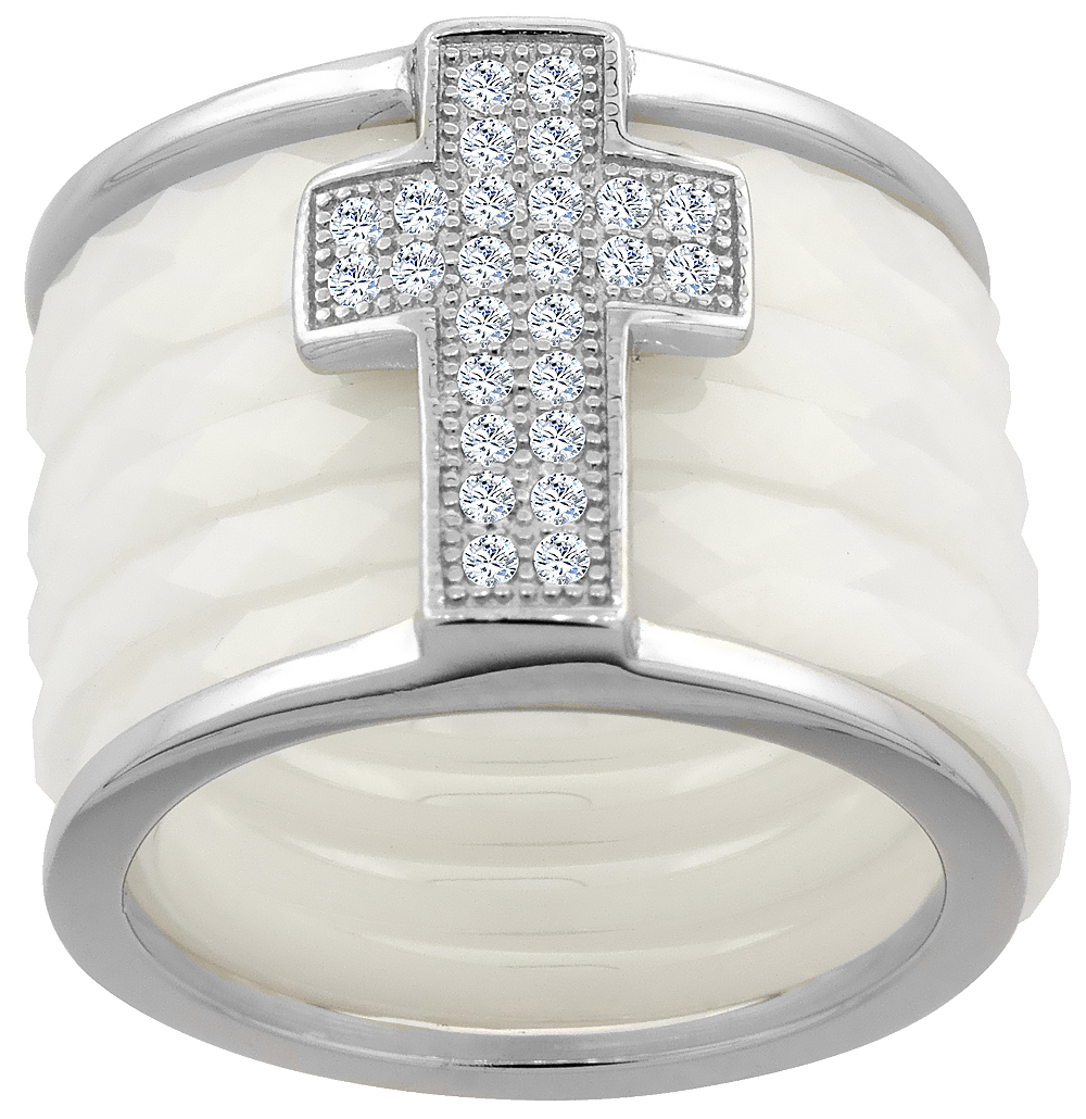 7pc Sterling Silver Cubic Zirconia Cross Ring & Faceted White Ceramic, 9/16 inch wide, sizes 6 - 8