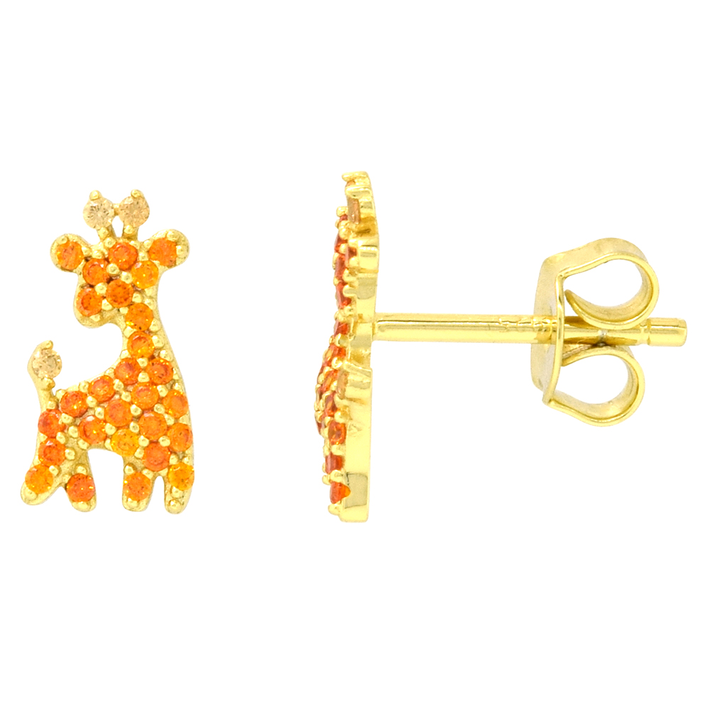 Dainty Sterling Silver Giraffe Earrings Studs Orange CZ Micropave Gold Plated 3/8 inch (11mm) long