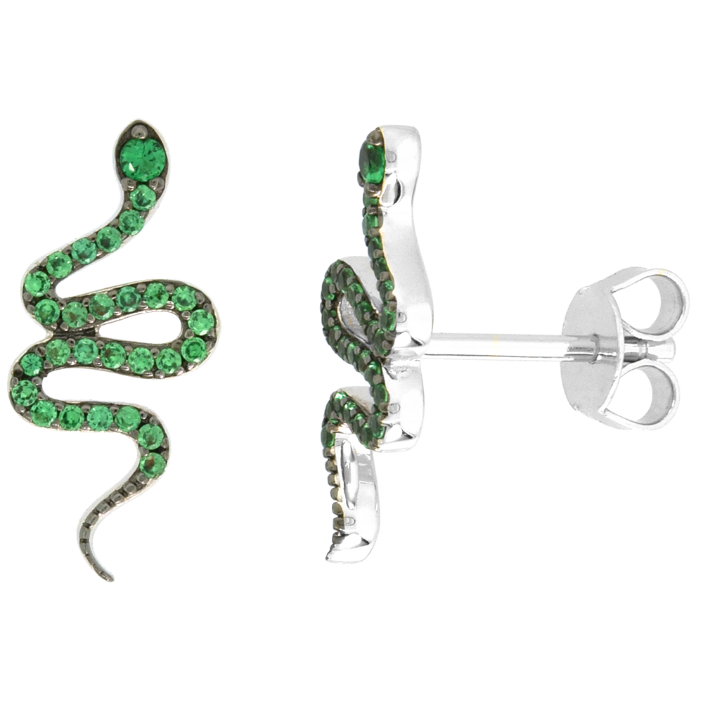 Dainty Sterling Silver Snake Earrings Studs Green CZ Micropave Rhodium Plated 3/4 inch (19mm) wide
