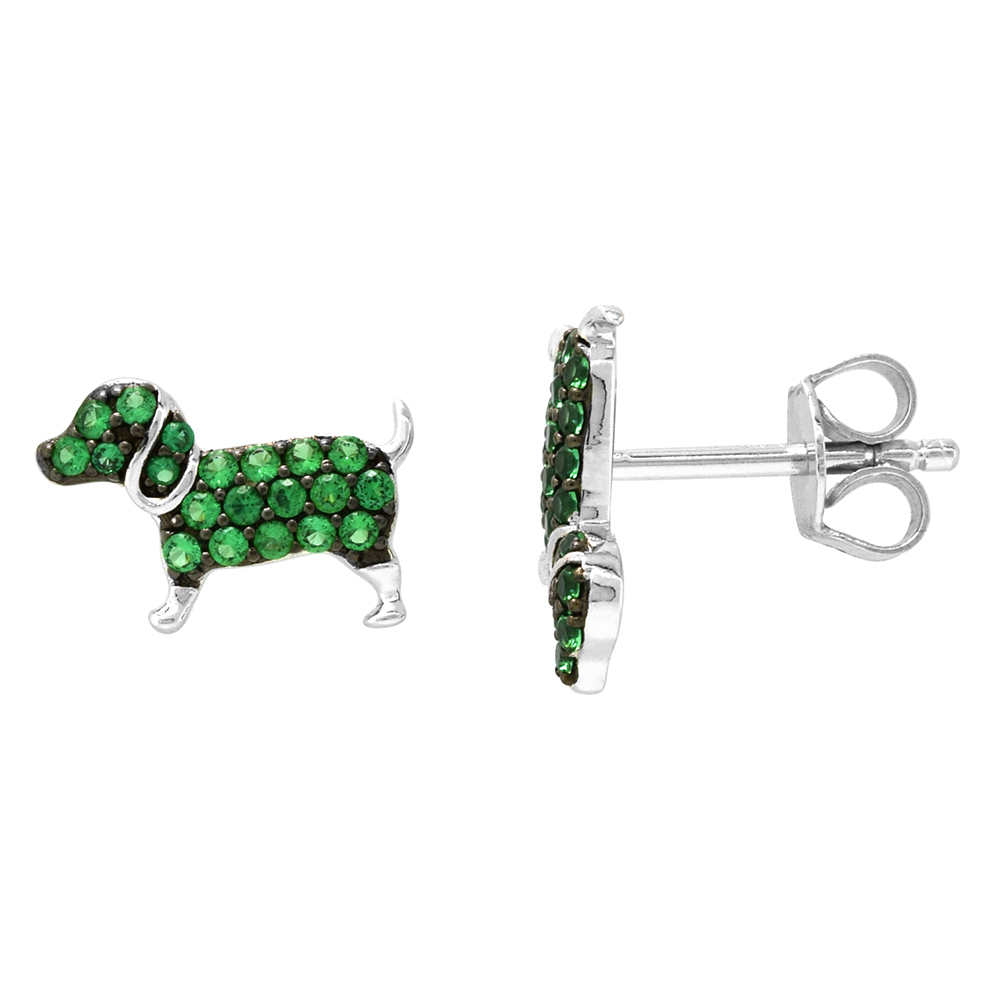 Dainty Sterling Silver Dog Earrings Studs Green CZ Micropave Rhodium Plated 1/2 inch (12mm) wide