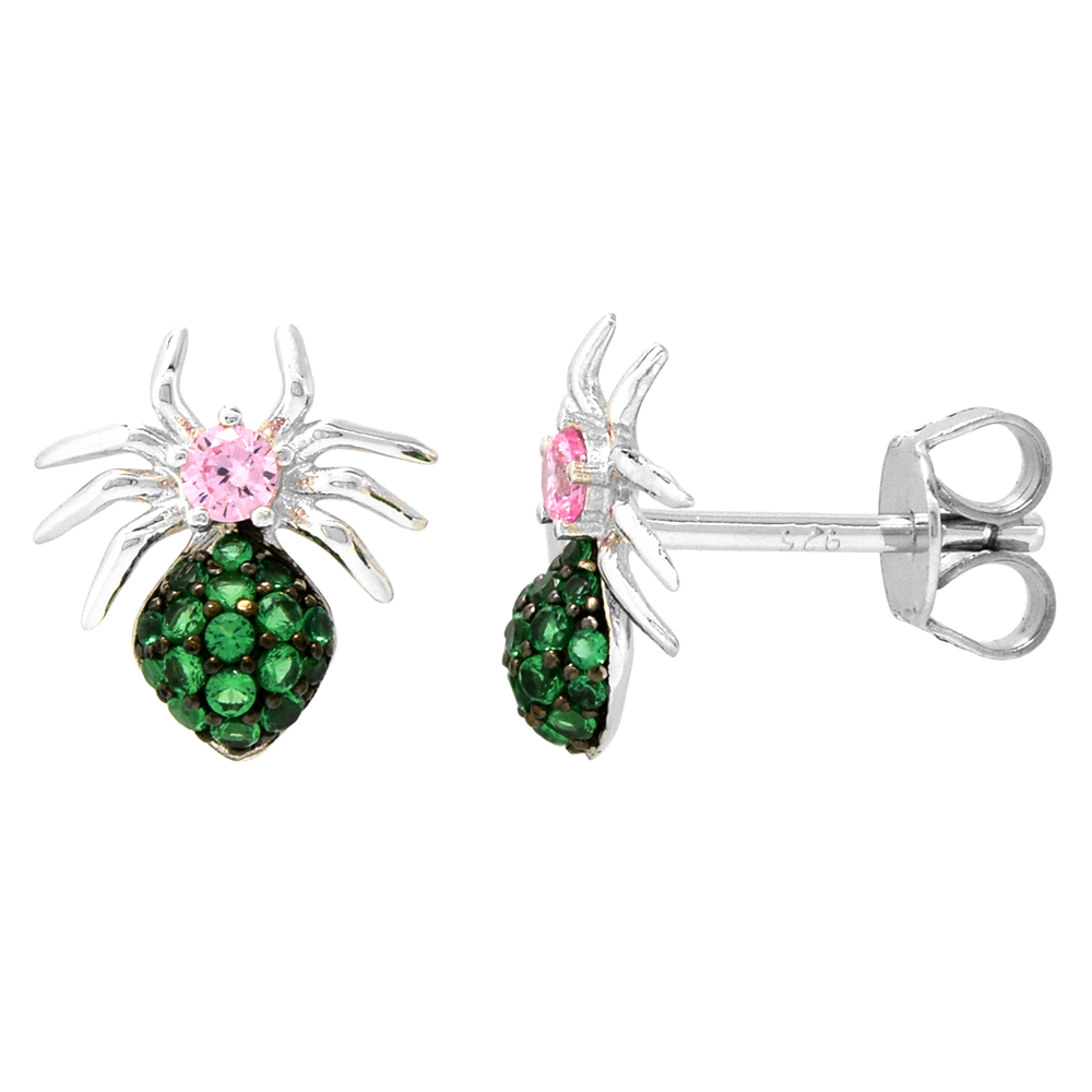 Dainty Sterling Silver Spider Earrings Studs Green and Pink CZ Micropave Rhodium Plated  3/8 inch (11mm) long