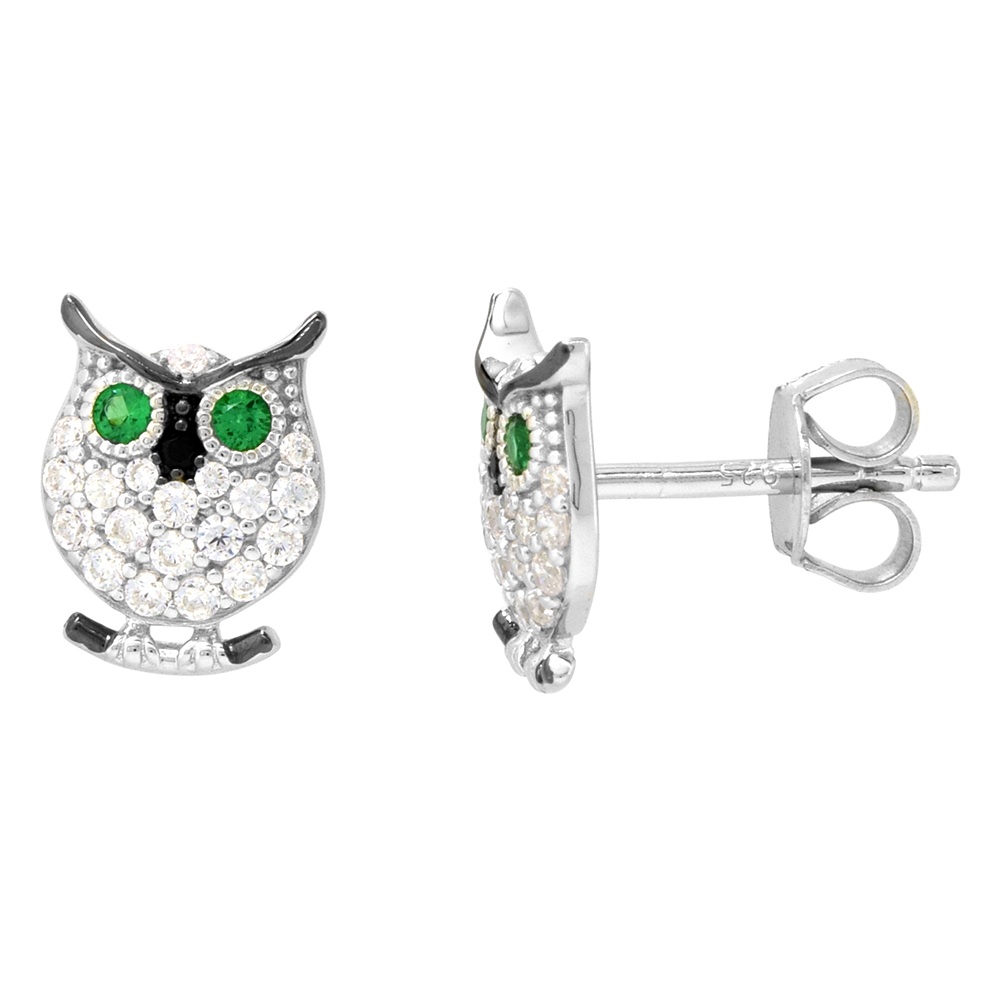 Dainty Sterling Silver Owl Earrings Studs Green and White CZ Micropave Rhodium Plated 3/8 inch (11mm) long