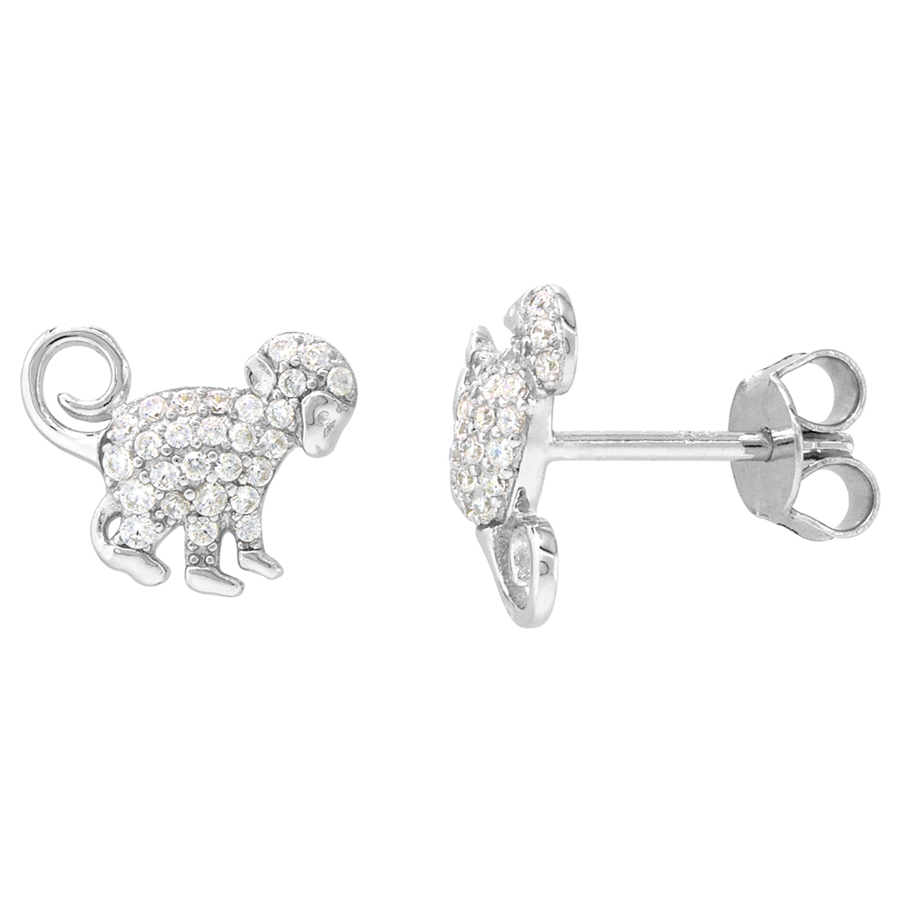 Dainty Sterling Silver Monkey Earrings Studs White CZ Micropave Rhodium Plated  1/2 inch (12mm) wide