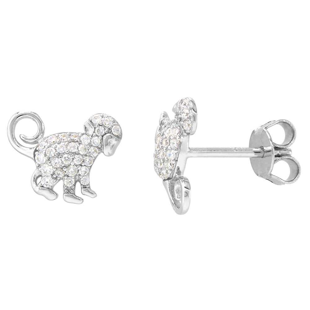 Dainty Sterling Silver Monkey Earrings Studs White CZ Micropave Rhodium Plated 1/2 inch (12mm) wide