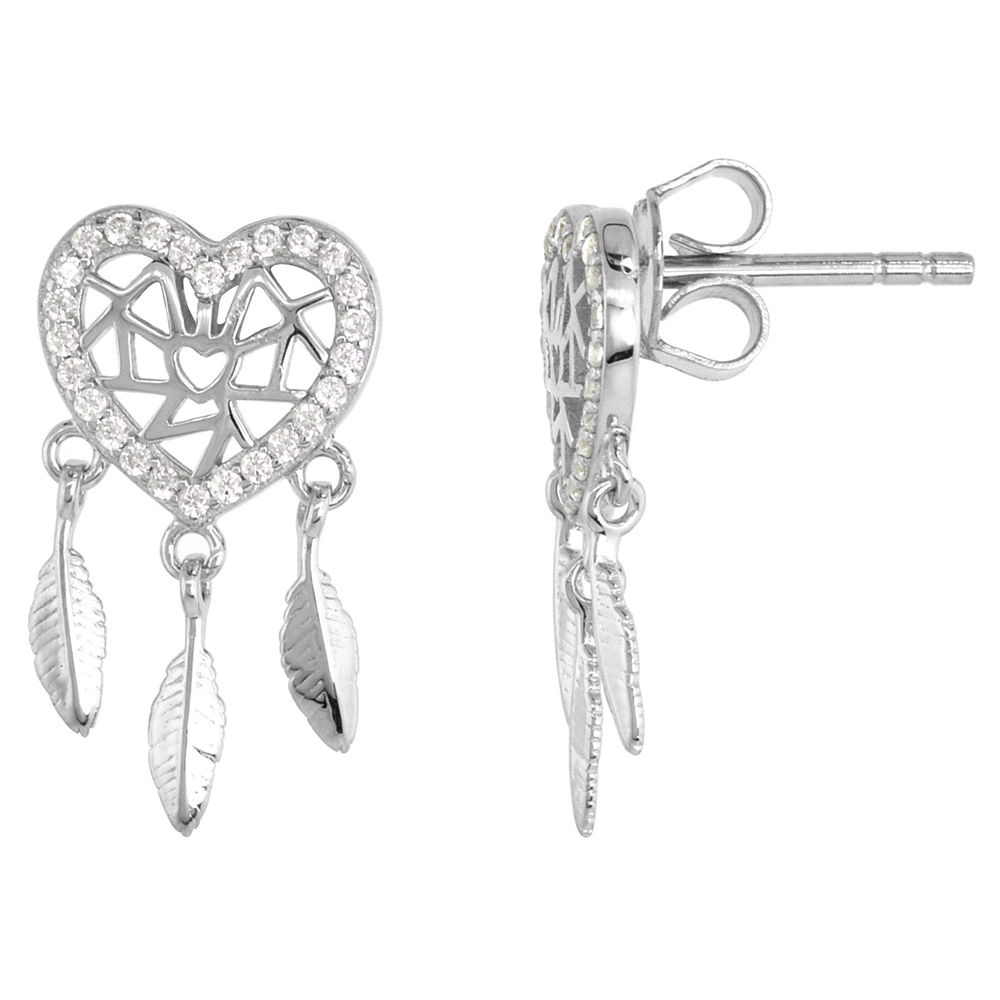 Dainty Sterling Silver Heart Dream Catcher Earrings Studs White CZ Micropave Rhodium Plated 3/4 inch (18mm) long