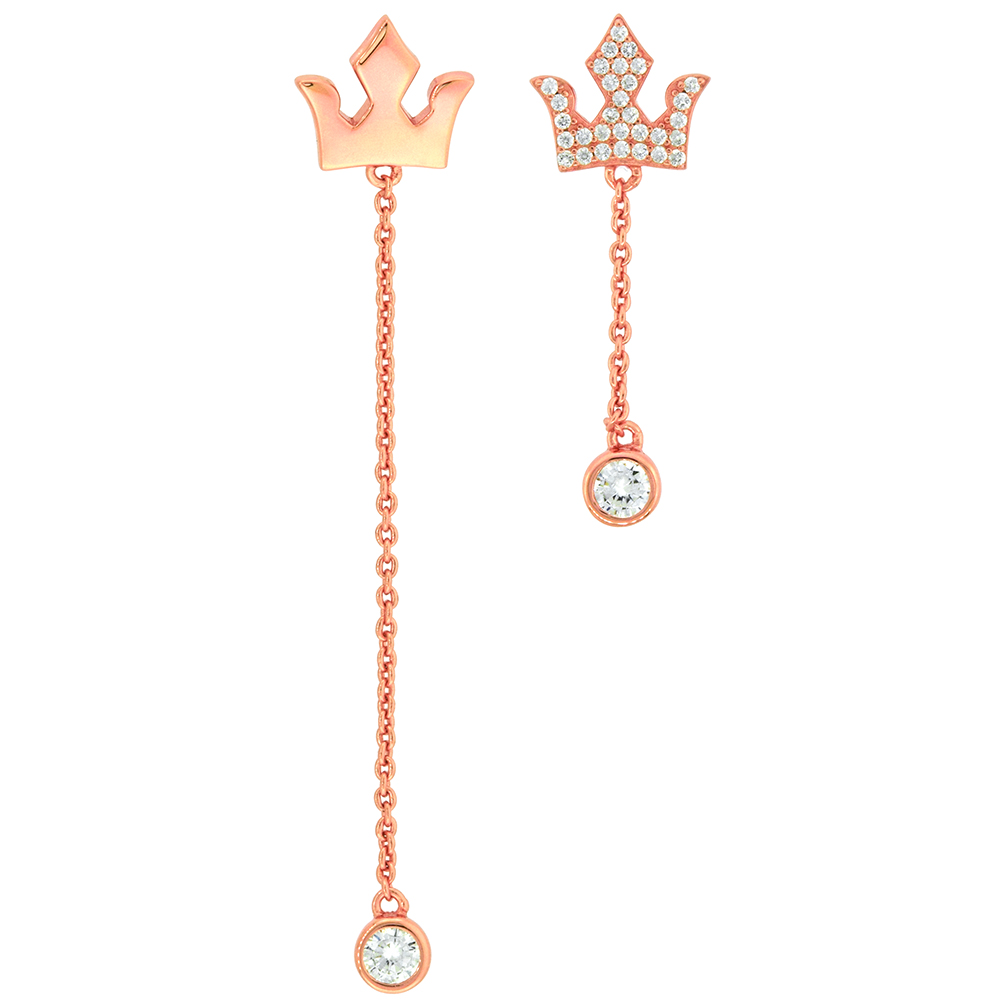 Rose gold Plated Sterling Silver Cubic Zirconia Trident Crown Earrings Micropave CZ 2 3/8 inch