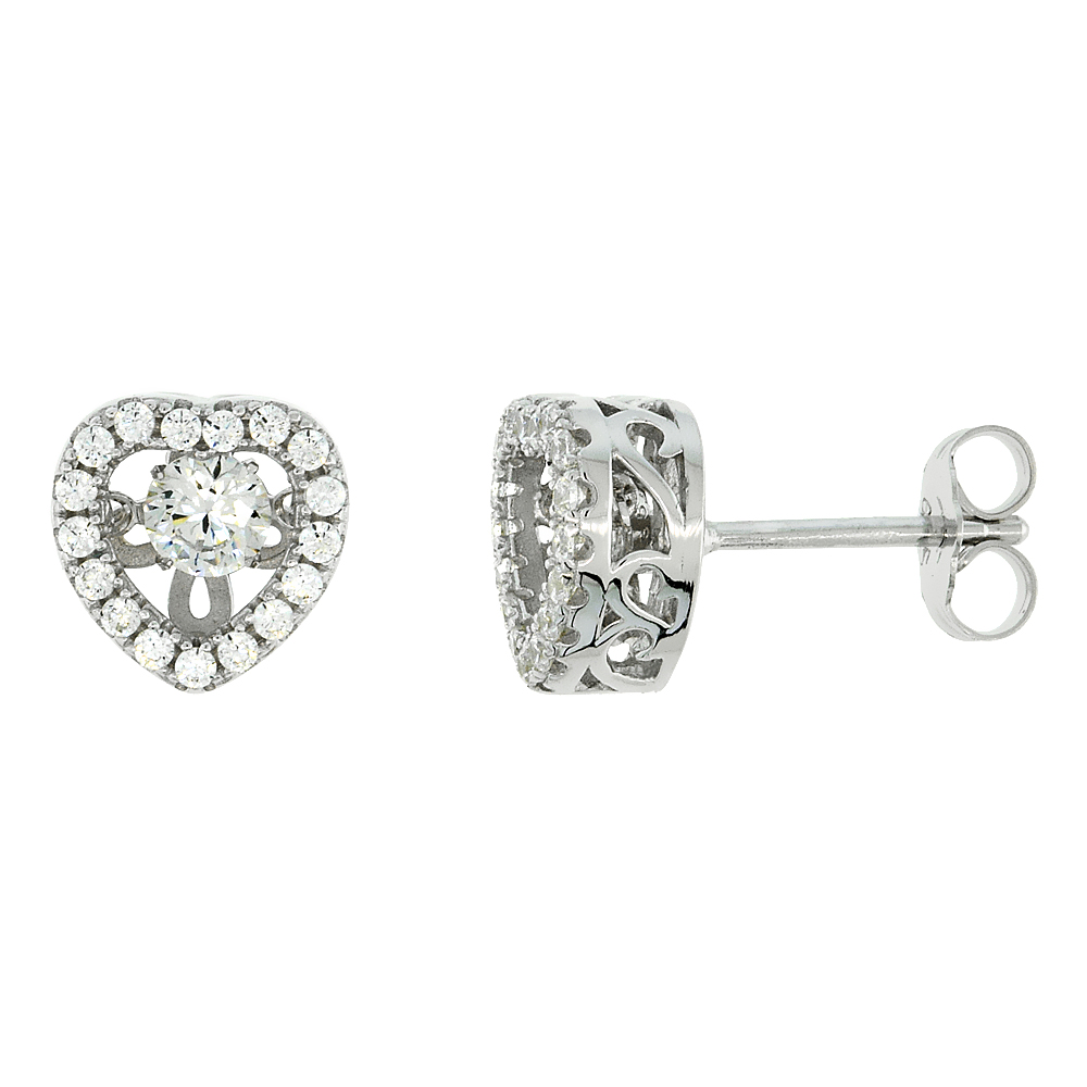 STERLING SILVER DANCING CZ HEART HALO STUD EARRINGS, 3/8 INCH WIDE