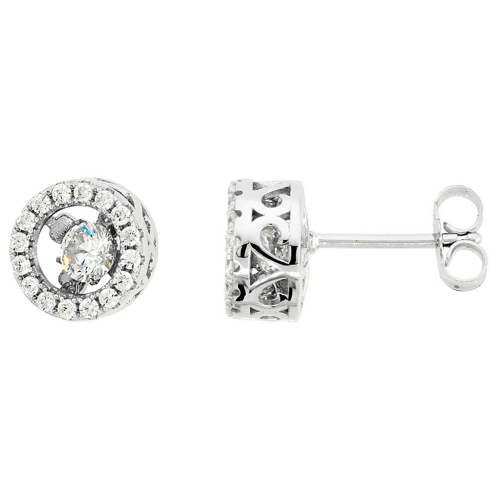 STERLING SILVER DANCING CZ ROUND HALO STUD EARRINGS, 3/8 INCH WIDE