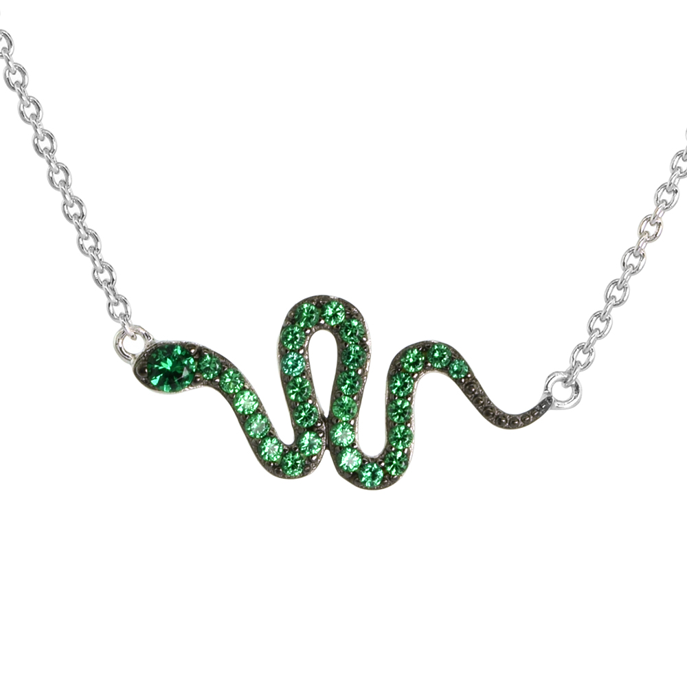 Dainty Sterling Silver Snake Necklace Green CZ Micropave Rhodium Plated 7/8 inch (22mm) wide