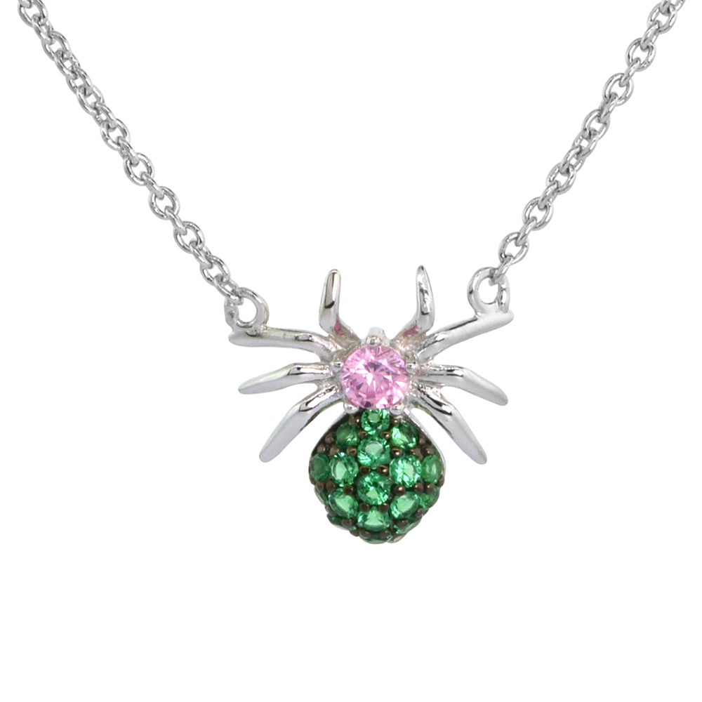 Dainty Sterling Silver Spider Necklace Green and Pink CZ Micropave Rhodium Plated 1/2 inch (13mm) tall