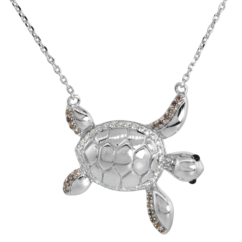 Dainty Sterling Silver Sea Turtle Necklace White CZ Micropave Rhodium Plated 7/8 inch (21mm) wide
