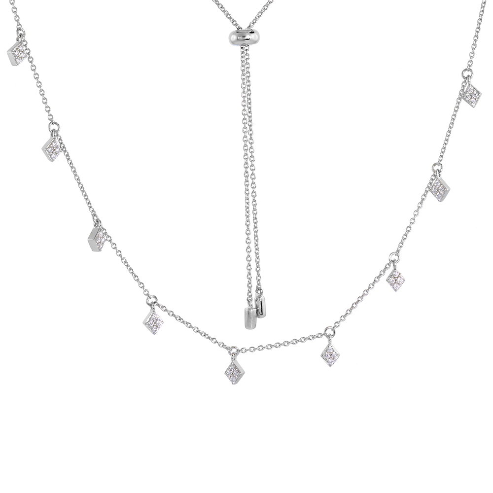 Adjustable Sterling Silver Cubic Zirconia Dangling Station Necklace Micro pave Rhodium Finish 26 inch