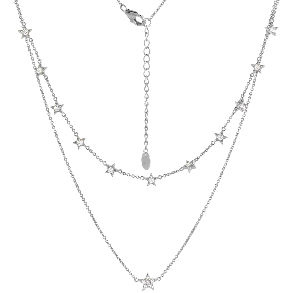 Sterling Silver Layered Star Necklace Stationed Micro pave CZ Rhodium Finish 16 - 18 inch