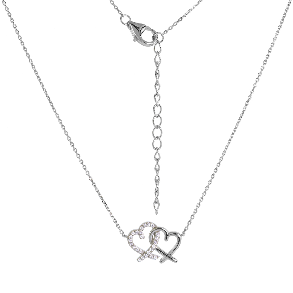 Delicate Sterling Silver Double Hearts Necklace Micro pave CZ Rhodium Finish 16 - 18 inch