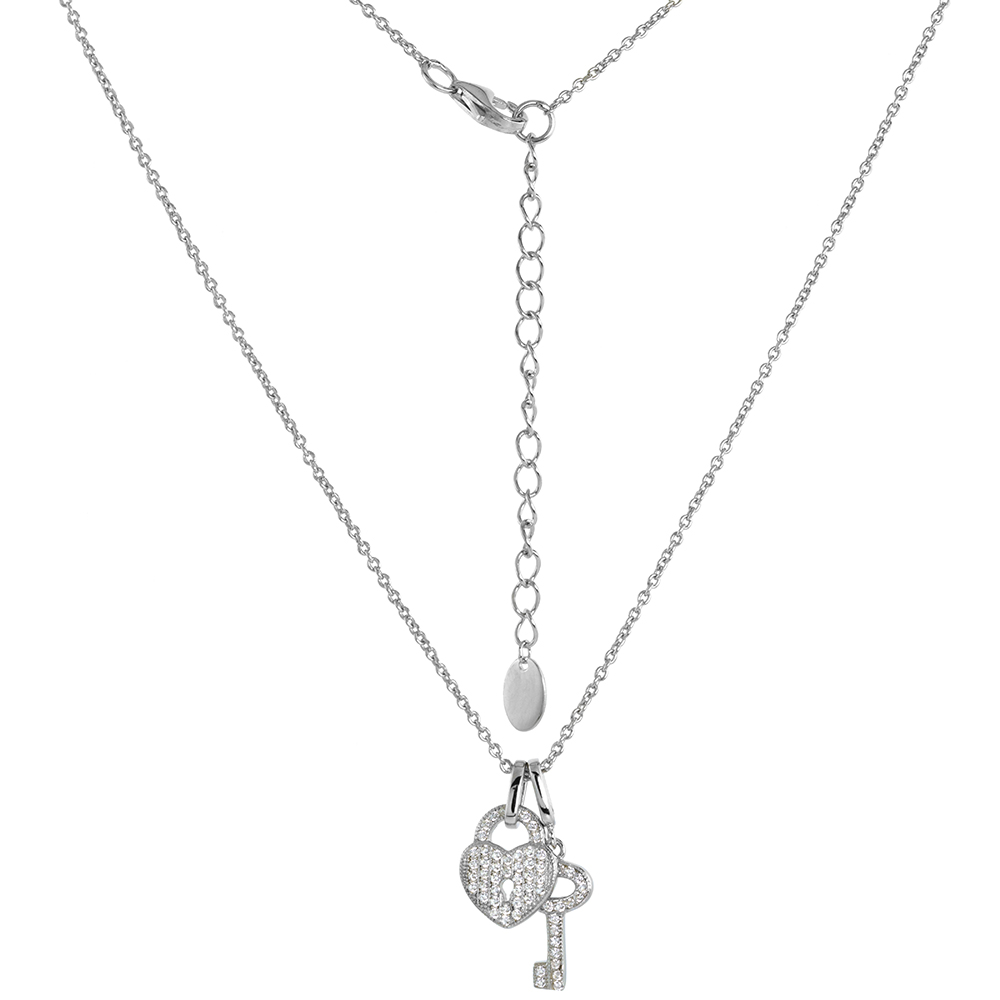 Sterling Silver CZ Heart Lock and Key Necklace Micro pave Rhodium Finish 16 -18 inch