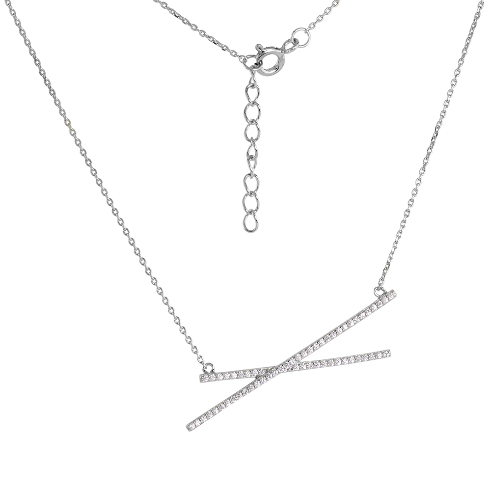 Sterling Silver Cubic Zirconia Cross Bar Necklace Micro pave Rhodium Finish 15 - 16 inch