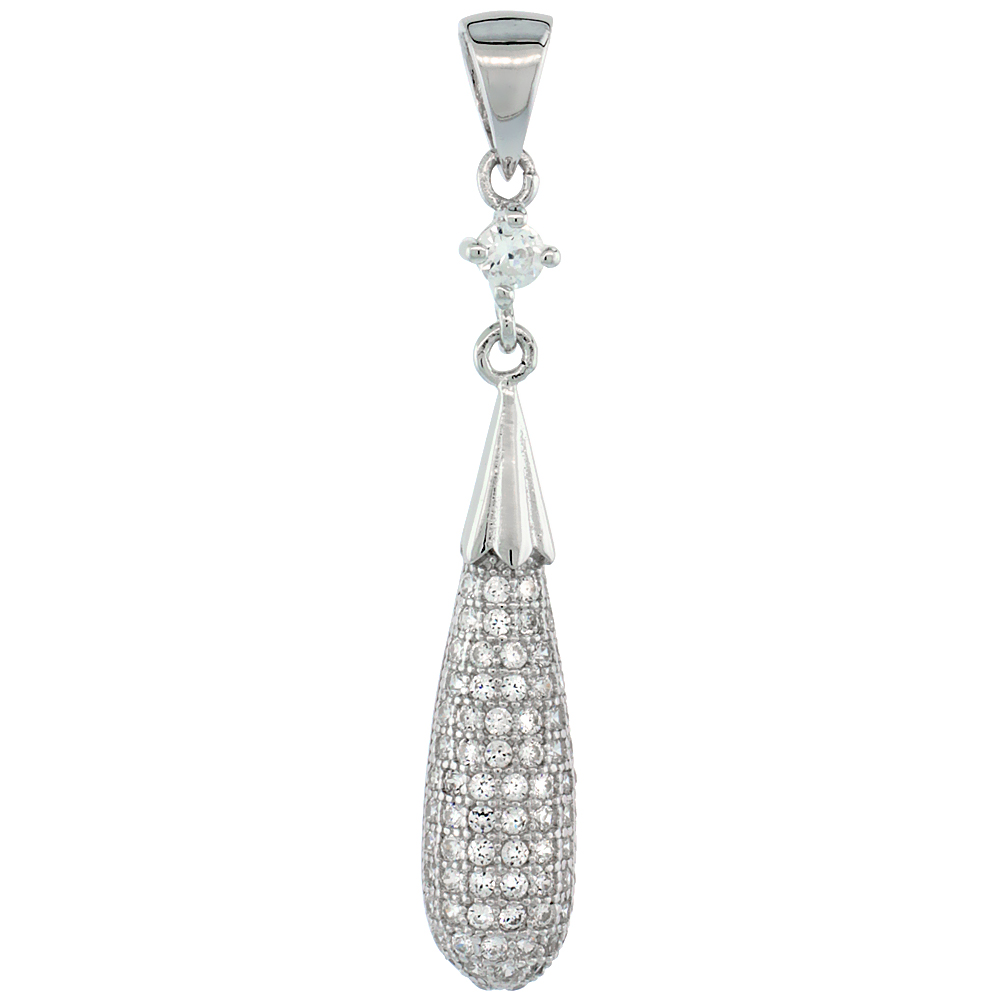 Sterling Silver Micro Pave Cubic Zirconia Enhance Drop Pendant One Solitaire Prong Set White Stones